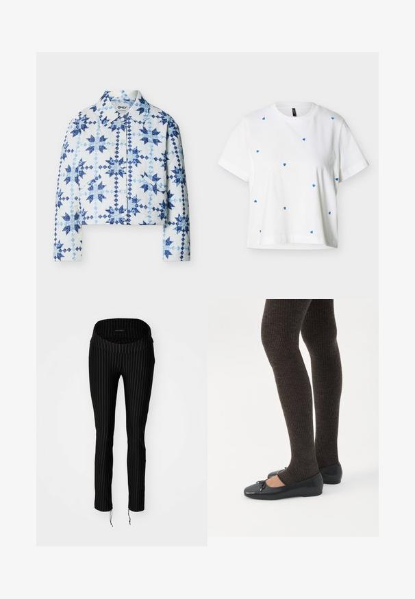 Veste blanche matelassée avec boutons-pression, présentant des motifs de patchwork en formes d'étoiles bleues et de diamants, avec un col.; T-shirt blanc à manches courtes avec un col rond, présentant de petits motifs de cœurs bleus dispersés sur l'avant et les manches.; Pantalons noirs à rayures, avec une taille large et pliée et des ourlets à cordon de serrage. Fabriqués dans un matériau extensible, offrant une silhouette ajustée.; Jambes portant des leggings côtelés foncés associés à des ballerines noires avec de petits détails en nœud sur fond blanc.