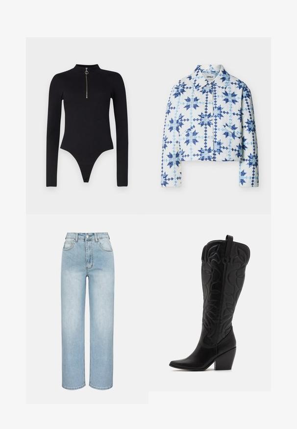 Weiße gesteppte Jacke mit Druckknöpfen, mit blauen Stern- und Rautenmuster-Patches und einem Kragen.; Noisy May NMTONI BODY - Langarmshirt - black; Hellblaue Jeans mit hoher Taille, geradem Bein, Frontknopf, Reißverschluss, Gürtelschlaufen und Fünf-Taschen-Design vor einfachem Hintergrund.; Schwarze kniehohe Stiefel aus Leder mit spitz zulaufender Zehenpartie und gestapeltem Absatz. Verfügt über dekorative Nähte und geschwungene Designelemente.