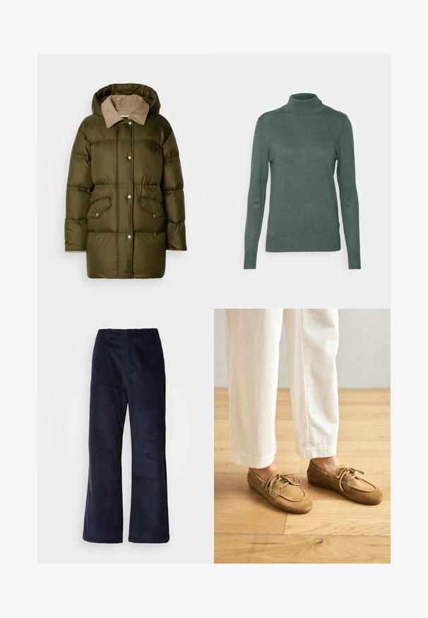 Pehmeä oliivinvihreä takki, jossa on vaaleanbeige samettikaulus, etunappisuljenta, sivutaskut ja huppu. Silkkinen pinta, jossa on tikattu kuvio.; Vihreä, pitkähihainen pooloneule pehmeää neulosta. Ominaisuuksiin kuuluu vartalonmyötäinen malli ja ribbireunat kauluksessa ja helmassa.; Merikorpin lankanauha leveät lahkeet, joissa on pystysuorat urat, joustava vyötärö ja ilman näkyvää metalliosaa. Pehmeä rakenne ja rento istuvuus.; Ruske nubuk båtsko med snøring, med rund tå og sømdetaljer. Bært med hvite kordfløyelsbukser i en treverksetting.