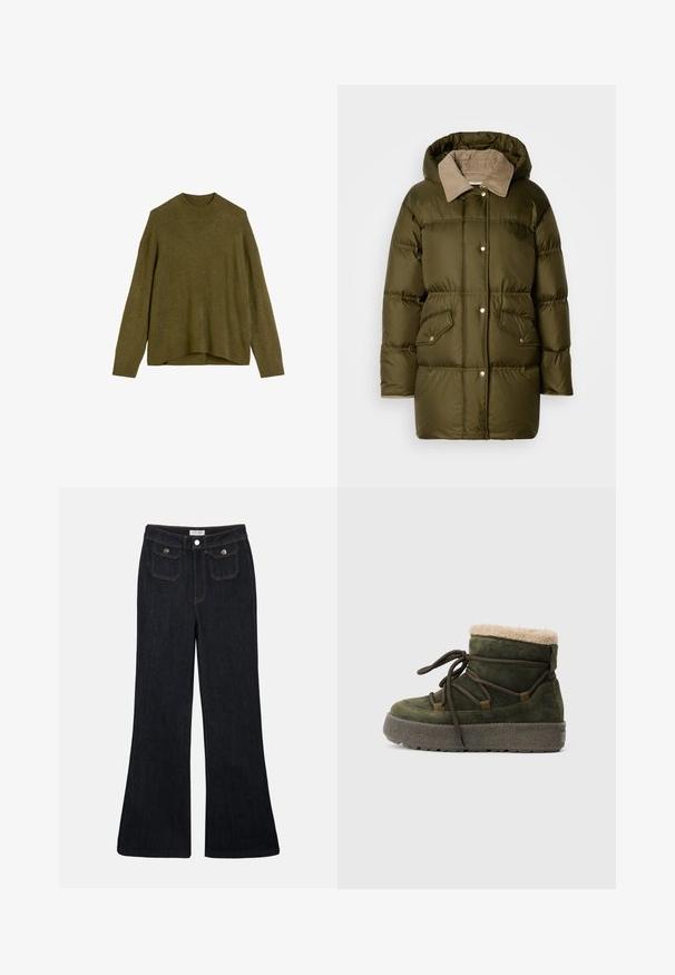 Dik olijfgroene jas met een beige corduroy kraag, drukknoopsluiting aan de voorkant, zijzakken en een capuchon. Gladde textuur met een gestikt patroon.; Olijfgroen gebreid truitje met een geribbelde ronde hals, afhangende schouders en een losse pasvorm. De zoom is aan de achterkant iets langer.; Flared donkerdenim jeans met een hoge taille, twee voorzakken en oranje stiksels. Het materiaal lijkt stevig en glad.; Groene suede laars met een zachte beige bontkraag, ronde veters en een textuur grijze rubberen zool. Heeft gestikte accenten aan de zijkanten.