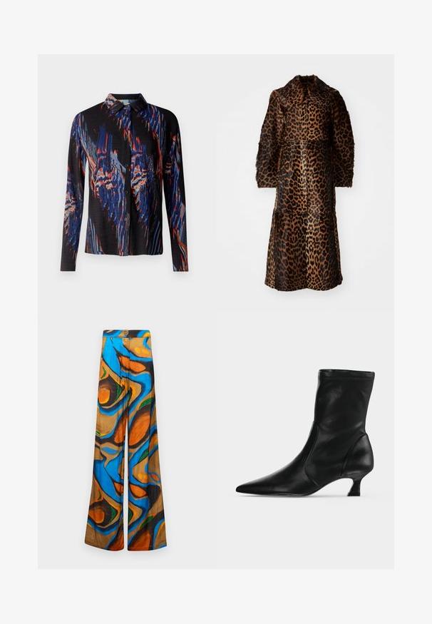 By Malene Birger RAFAIA - Talvemantel - brown; Musthave musta pika varrukaga särk, millel on elav abstraktne muster sinise, punase ja valgega. Omab kraed ja nupuvajutustega esiosas. Tekstuuriga kangas.; Laiad püksid, millel on mitmevärviline abstraktne muster, sisaldades sinise, oranži ja pruuni toone. Valmistatud kergest kangast, millel on sile tekstuur.; Mustast nahast keskvarskoobits terava otsa ja madala kitsekontsaga, külgvaates heledal ühevärvilisel taustal.