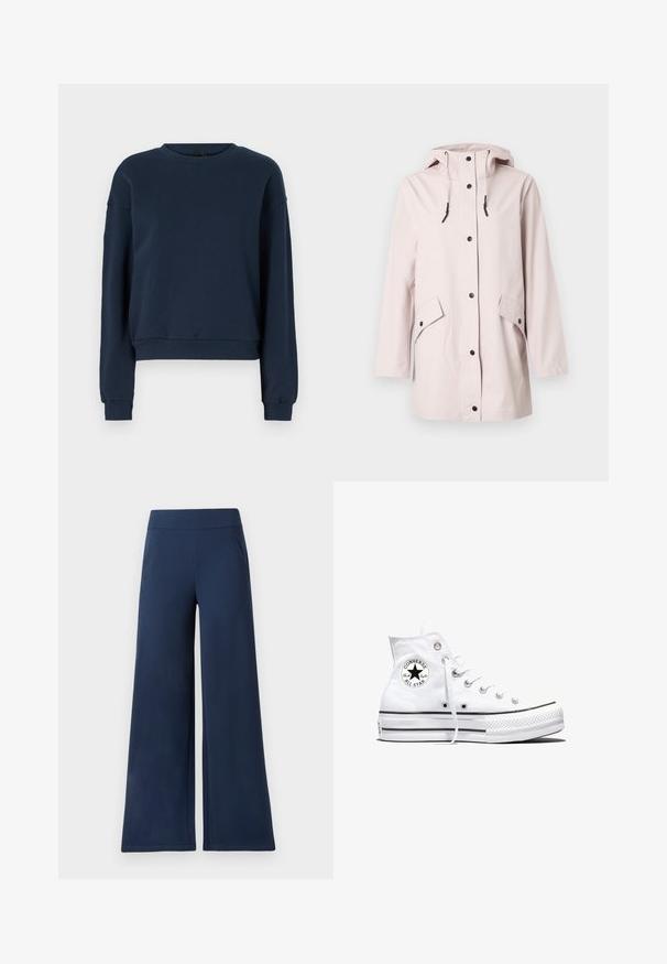 Lyserød hættejakke med trykknapper foran, justerbare snore og to klaplommer med trykknaplukning.; Marineblå sweatshirt lavet af blødt stof, med rund halsudskæring, lange ærmer og ribbede manchetter og kant. Simple design uden pynt.; Marineblå bredbenede bukser med en glat tekstur, der har en høj talje og to sidelommer for funktionalitet.; Hvid højtop Converse Chuck Taylor All Star-sneaker med sort logo-patch og hvide snørebånd, vist på hvid baggrund.