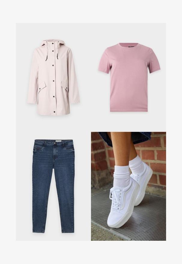Impermeable con capucha de color rosa claro, con botones a presión en la parte delantera, cordones ajustables y dos bolsillos con solapa y cierre de broche.; Camiseta simple de algodón rosa suave de manga corta con cuello redondo, mostrada sobre un fondo plano de color gris claro.; Jeans de mezclilla azul oscuro con un corte ajustado, diseño de cinco bolsillos y costuras doradas. Presenta un cierre de cremallera y botón. Textura suave.; Zapatillas de lona blancas con suelas de goma, que presentan seis ojales, puntera redonda y detalles de costura ligera, combinadas con calcetines blancos hasta el tobillo.