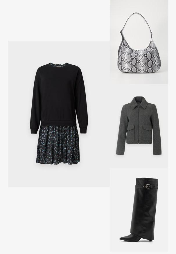 Mørkegrå uldjakke med lynlås foran, bred krave, lange ærmer og to store klaplommer ved taljen.; Sorte kjole med en langærmet overdel med rund hals og en lagdelt skirt med blomsterprint i sorte, blå og grønne nuancer.; Even&Odd Højhælede støvler - black; Sort-hvid slangemønster skuldertaske med en rund form, glat tekstur og en buet rem. Har et sølvfarvet hardware-accents.