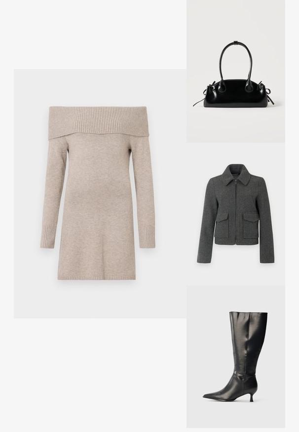 Mørkegrå uldjakke med lynlås foran, bred krave, lange ærmer og to store klaplommer ved taljen.; Beige off-shoulder sweater, strikket tekstur, lange ærmer, ribbet halsudskæring og manchetter, midt-lår længde, glat stoffsammensætning.; Sort knæhøj læderstøvle med spids tå og lav kittenhæl, vist på en enkel lys baggrund.; Lille sort blank håndtaske med to lange håndtag og snøre-detaljer i siden på en ensfarvet lys baggrund.