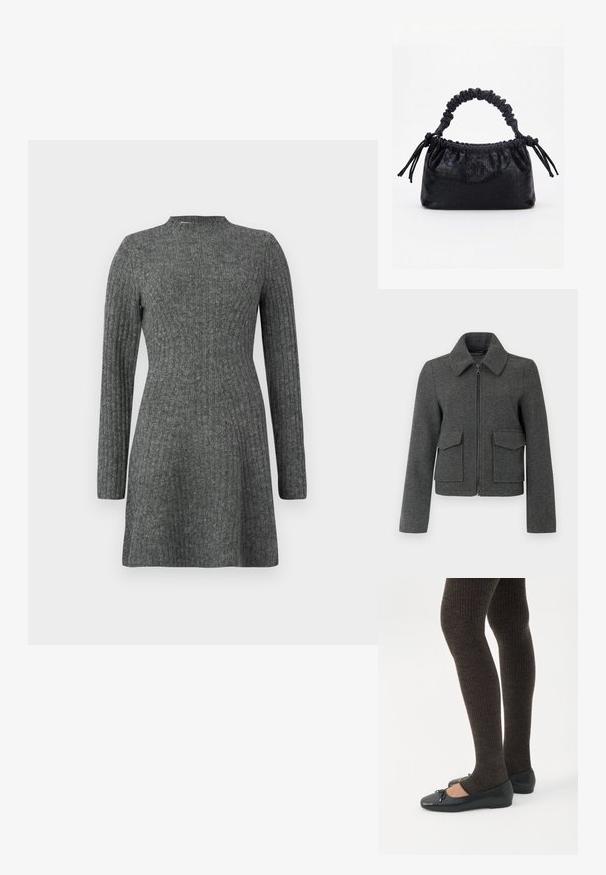 Veste en laine gris foncé avec fermeture éclair sur le devant, large col, manches longues et deux grandes poches à rabat à la taille.; Robe côtelée, longueur genoux en gris foncé avec des manches longues et un col haut, fabriquée à partir d'un tissu doux et texturé.; Jambes portant des leggings côtelés foncés associés à des ballerines noires avec de petits détails en nœud sur fond blanc.; Sac à main noir avec texture crocodile, bord supérieur froncé, poignée plissée et pompons à cordon de chaque côté sur fond blanc.