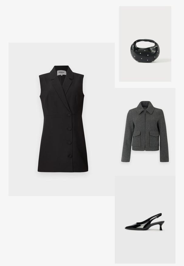 Chaqueta de lana gris oscuro con cremallera frontal, cuello ancho, mangas largas y dos grandes bolsillos con solapa en la cintura.; Vestido negro sin mangas con un cuello estructurado, escote en V y cinco botones frontales, que presenta una silueta ajustada y una textura de tela suave.; Zapatos de charol negro tipo slingback con punta afilada y tacón bajo. Correa ajustable con hebilla en el tobillo.; Bolso de mano de cuero negro con forma redondeada, decorado con detalles de tachuelas plateadas y un asa corta. Textura lisa y cierre con cremallera.