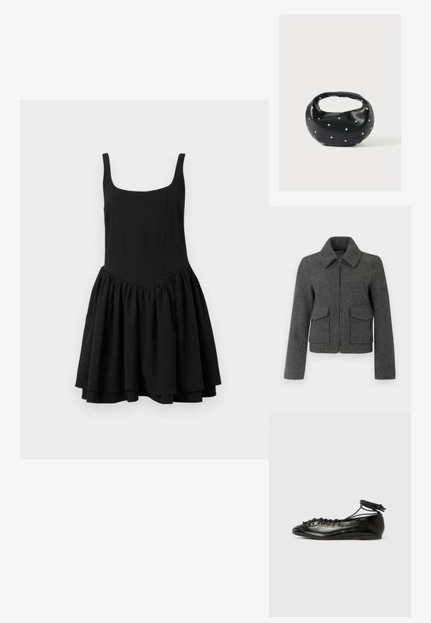 Veste en laine gris foncé avec fermeture éclair sur le devant, large col, manches longues et deux grandes poches à rabat à la taille.; Robe noire sans manches avec une encolure carrée, un corsage ajusté et une jupe évasée froncée ; texture lisse et couleur unie.; Ballerines en cuir verni noir avec un bout rond, un design à lacets et une semelle plate. Texture lisse avec peu de détails.; Sac à main en cuir noir de forme arrondie, décoré de clous argentés et équipé d'une poignée courte. Texture lisse et fermeture éclair.