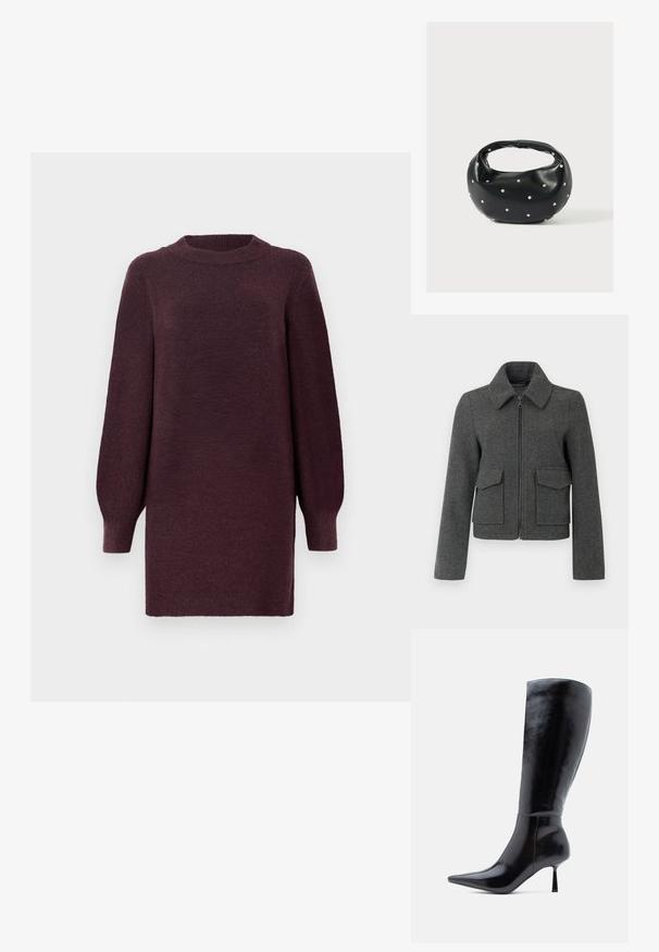 Veste en laine gris foncé avec fermeture éclair sur le devant, large col, manches longues et deux grandes poches à rabat à la taille.; Robe-sweater bordeaux avec un col rond et de longues manches légèrement bouffantes. Fabriquée en tissu doux et texturé. Se termine au-dessus du genou.; Bottes noires à talons aiguilles montantes, avec une finition en cuir brillant, un bout pointu et un talon effilé, présentant une surface lisse et un design élégant.; Sac à main en cuir noir de forme arrondie, décoré de clous argentés et équipé d'une poignée courte. Texture lisse et fermeture éclair.