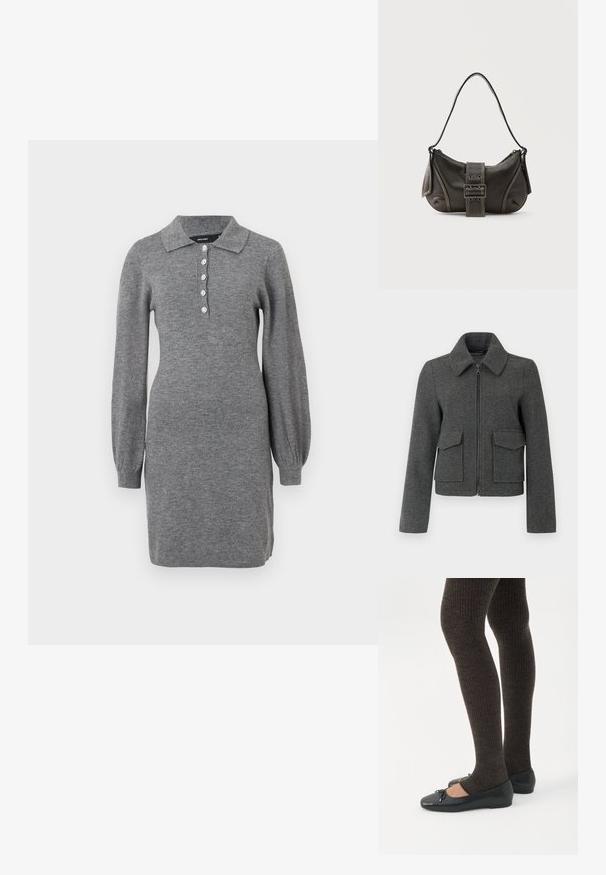 Veste en laine gris foncé avec fermeture éclair sur le devant, large col, manches longues et deux grandes poches à rabat à la taille.; Robe en tricot grise avec un col, des manches bouffantes longues et une fermeture à boutons à l'avant comportant cinq boutons. Texture douce avec une silhouette ajustée.; Jambes portant des leggings côtelés foncés associés à des ballerines noires avec de petits détails en nœud sur fond blanc.; Sac à épaule en cuir noir avec une sangle à boucle, des bords arrondis et des coutures blanches contrastées sur un fond uni.