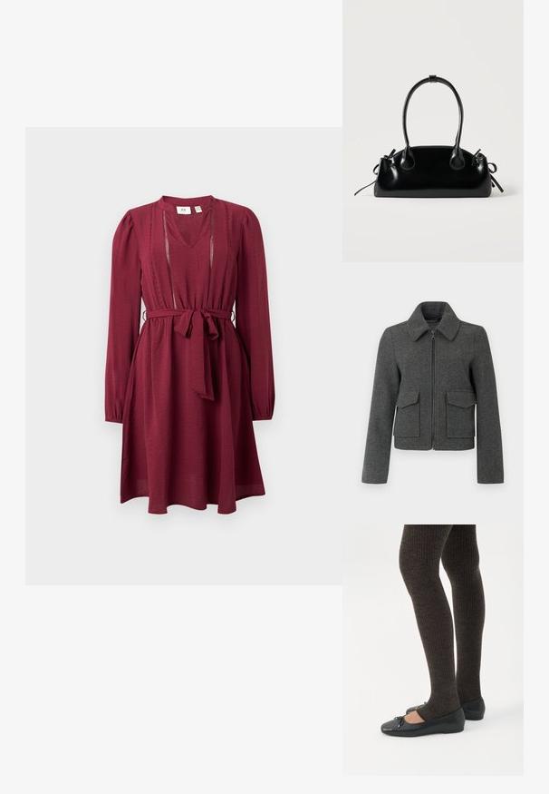 Donkergrijze wollen jas met ritssluiting aan de voorkant, brede kraag, lange mouwen en twee grote klepzakken bij de taille.; Bordeaux jurk met lange mouwen, V-hals, cinched taille en strikriem; heeft fijne stiksels rond de halslijn. Zachte stoftextuur.; Benen met donkere geribbelde leggings gecombineerd met zwarte ballerina's met kleine strikdetails op een witte achtergrond.; Kleine zwarte glanzende handtas met twee lange hengsels en zijkant trekkoord details op een effen lichte achtergrond.