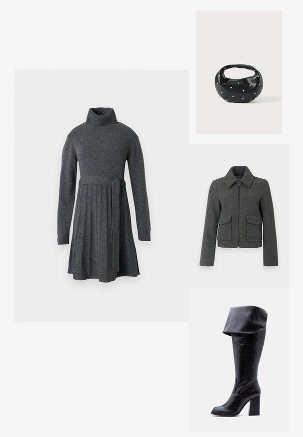 Veste en laine gris foncé avec fermeture éclair sur le devant, large col, manches longues et deux grandes poches à rabat à la taille.; Robe en tricot grise avec un col roulé haut, des manches longues, une taille accentuée avec une ceinture, et des détails de jupe plissée.; Botte haute en cuir noir avec talon, bord plié et bout arrondi, debout sur un fond blanc.; Sac à main en cuir noir de forme arrondie, décoré de clous argentés et équipé d'une poignée courte. Texture lisse et fermeture éclair.