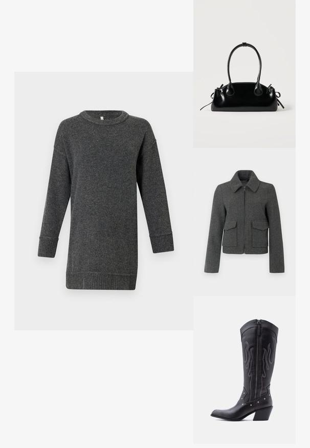 Veste en laine gris foncé avec fermeture éclair sur le devant, large col, manches longues et deux grandes poches à rabat à la taille.; Pull en laine à manches longues gris foncé, avec des poignets et un ourlet côtelés, un col rond et une coupe décontractée.; Bottes de cow-boy en cuir noir avec bout pointu, coutures apparentes, ornements à clous argentés et fermeture éclair sur le côté intérieur.; Petit sac à main noir brillant avec deux longues anses et des détails à cordon sur les côtés sur un fond clair uni.