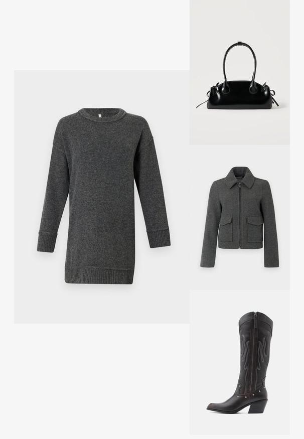 Veste en laine gris foncé avec fermeture éclair sur le devant, large col, manches longues et deux grandes poches à rabat à la taille.; Pull en laine à manches longues gris foncé, avec des poignets et un ourlet côtelés, un col rond et une coupe décontractée.; Bottes de cowboy en cuir marron avec surpiqûres en forme de flammes, fermeture éclair latérale, clous argentés, bout pointu et talon superposé.; Petit sac à main noir brillant avec deux longues anses et des détails à cordon sur les côtés sur un fond clair uni.
