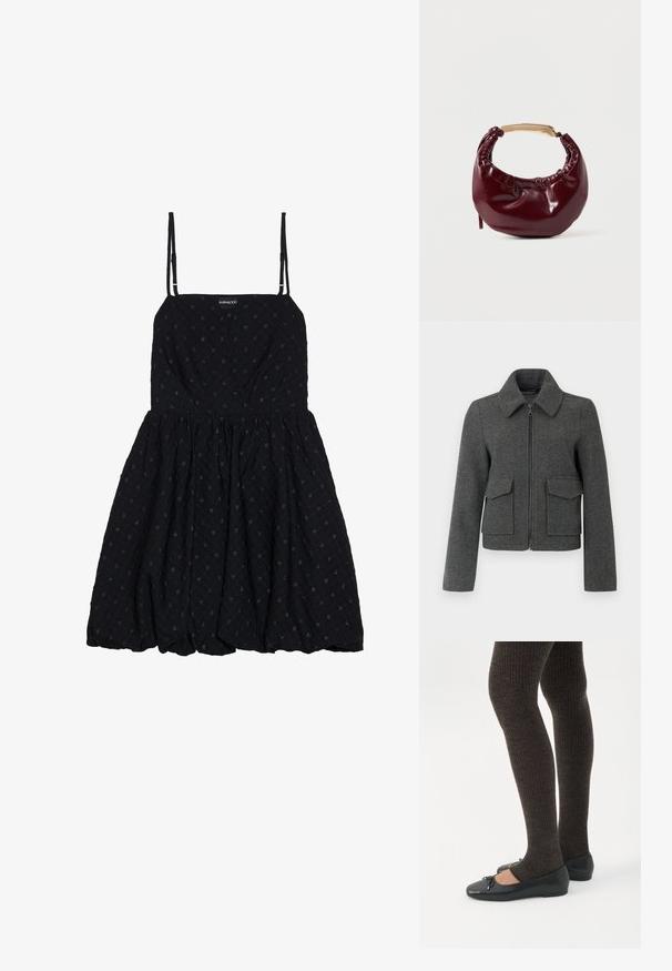 Veste en laine gris foncé avec fermeture éclair sur le devant, large col, manches longues et deux grandes poches à rabat à la taille.; Even&Odd Robe de soirée - black; Jambes portant des leggings côtelés foncés associés à des ballerines noires avec de petits détails en nœud sur fond blanc.; Sac à main en simili cuir bordeaux avec une forme arrondie, des détails froncés et une anse en métal doré. Texture lisse et finition brillante.