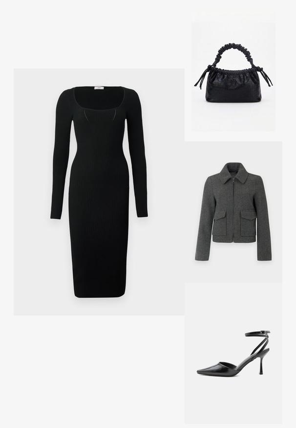 Veste en laine gris foncé avec fermeture éclair sur le devant, large col, manches longues et deux grandes poches à rabat à la taille.; Robe midi noire côtelée à manches longues, décolleté carré et coupe ajustée. Texture lisse avec une silhouette moulante.; Escarpin noir à bout pointu avec fines brides de cheville et fermeture à boucle argentée sur fond clair uni.; Sac à main noir avec texture crocodile, bord supérieur froncé, poignée plissée et pompons à cordon de chaque côté sur fond blanc.