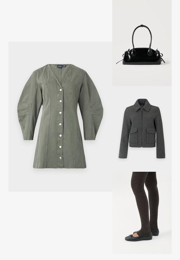 Chaqueta de lana gris oscuro con cremallera frontal, cuello ancho, mangas largas y dos grandes bolsillos con solapa en la cintura.; Vestido verde oliva hecho de tela con escote en V, cierre de botones en la parte frontal y mangas largas abullonadas. Presenta costuras visibles y un ajuste entallado.; Piernas con leggings oscuros acanalados combinados con bailarinas negras que presentan pequeños detalles de lazo sobre un fondo blanco.; Pequeño bolso negro brillante con dos asas largas y detalles de cordón lateral sobre un fondo claro liso.