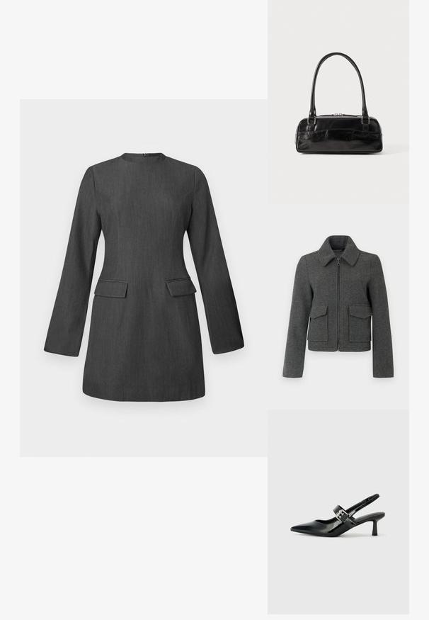 Dunkelgraue Wolljacke mit Frontreißverschluss, breitem Kragen, langen Ärmeln und zwei großen Klappentaschen auf Taillenhöhe.; Graues, tailliertes Kleid mit langen Ärmeln, Rundhalsausschnitt und zwei vorderen Taschen. Hergestellt aus strukturiertem Stoff und zeichnet sich durch ein elegantes, strukturiertes Design aus.; Schwarze Lackleder Slingback-Absätze mit spitzem Zeh und kleinem Blockabsatz, ausgestattet mit einem silbernen Schnallenakzent am Riemen.; Schwarze Lederhandtasche in rechteckiger Form, mit einem stabilen Griff, silbernem Zubehör und Reißverschluss. Glatte Textur.