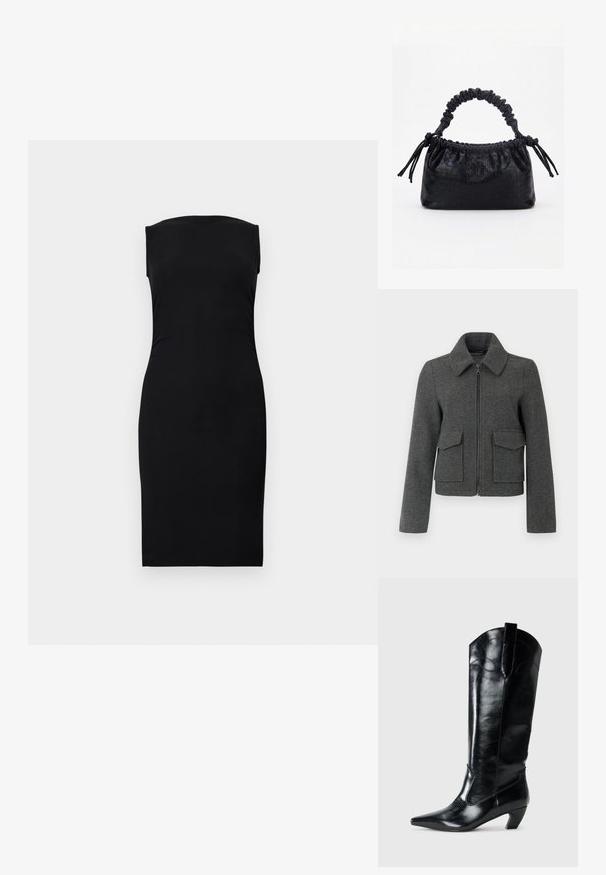 Veste en laine gris foncé avec fermeture éclair sur le devant, large col, manches longues et deux grandes poches à rabat à la taille.; Robe midi noire sans manches avec silhouette ajustée et encolure droite sur un fond uni.; Bottes en cuir noir montantes jusqu'au genou, avec une pointe effilée, un talon bas, et des détails de couture décoratifs sur les côtés. Fini lisse et brillant.; Sac à main noir avec texture crocodile, bord supérieur froncé, poignée plissée et pompons à cordon de chaque côté sur fond blanc.