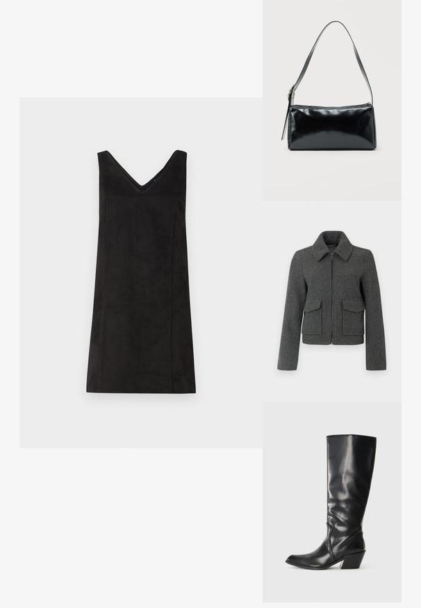 Chaqueta de lana gris oscuro con cremallera frontal, cuello ancho, mangas largas y dos grandes bolsillos con solapa en la cintura.; Vestido negro sin mangas con escote en V, hecho de un material suave, con corte recto y detalles mínimos. Textura suave.; Bota de cuero negra hasta la rodilla con punta afilada, tacón angular y textura suave. Presenta un sutil acento de costura a lo largo del costado.; Bolso de hombro rectangular negro con una correa ajustable y un cierre de cremallera superior sobre un fondo liso.