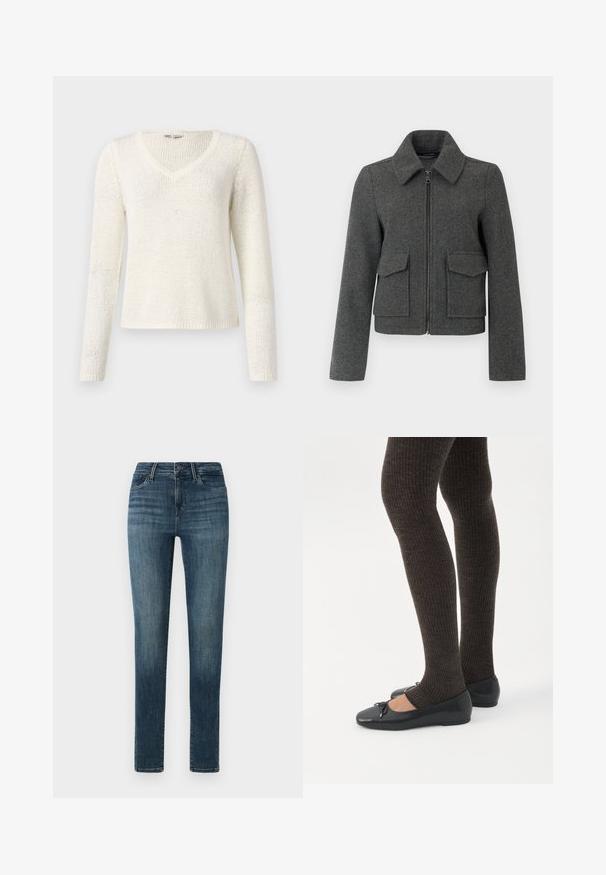 Veste en laine gris foncé avec fermeture éclair sur le devant, large col, manches longues et deux grandes poches à rabat à la taille.; Pull à col en V, à manches longues, en tricot blanc cassé. Présente une coupe décontractée, un motif texturé et un ourlet simple. Tissu léger.; Jean en denim bleu foncé avec une coupe slim, présentant une fermeture à boutons, cinq poches et un léger décoloration le long des cuisses.; Jambes portant des leggings côtelés foncés associés à des ballerines noires avec de petits détails en nœud sur fond blanc.