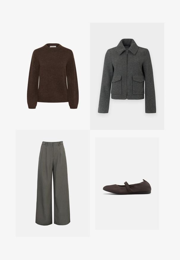 Mørkegrå uldjakke med lynlås foran, bred krave, lange ærmer og to store klaplommer ved taljen.; Brun strikket sweater med rund halsudskæring, lange ærmer og en blød tekstur, der har et enkelt design uden mønstre eller udsmykninger.; Grå bukser med vide ben og nålestriber, med høj talje, to knapper foran og en glat tekstur. Skræddersyet, løstsiddende design.; Brun balletsko med elastisk rem og rundet tå, vist mod en hvid baggrund, sideudsigt.