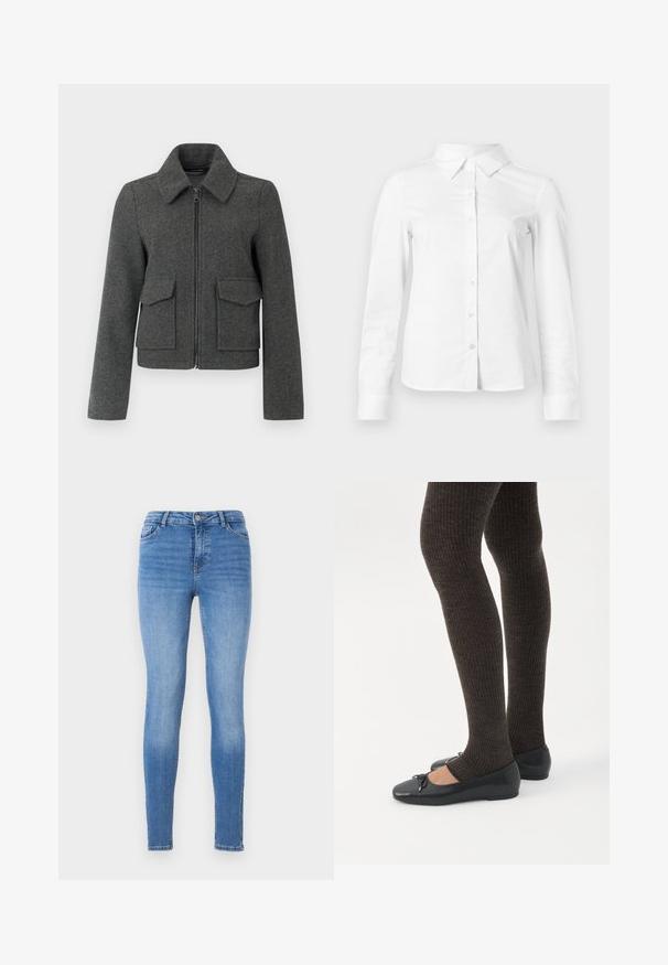 Veste en laine gris foncé avec fermeture éclair sur le devant, large col, manches longues et deux grandes poches à rabat à la taille.; Chemise blanche à manches longues avec boutons, col pointu, ourlet droit et silhouette ajustée, présentée sur un fond clair uni.; Jean skinny en denim bleu clair, avec une taille mi-haute, un design à cinq poches et une couture ton sur ton, le tout avec une texture lisse.; Jambes portant des leggings côtelés foncés associés à des ballerines noires avec de petits détails en nœud sur fond blanc.