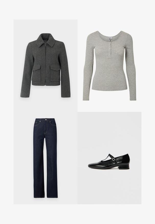 Chaqueta de lana gris oscuro con cremallera frontal, cuello ancho, mangas largas y dos grandes bolsillos con solapa en la cintura.; Top de manga larga en gris claro con textura acanalada, escote redondo y tapeta con cuatro botones, silueta ajustada y tejido de punto suave.; Vaqueros de mezclilla azul marino con un diseño de pierna recta, estilo clásico de cinco bolsillos, costuras visibles y cierre frontal con botón.; Zapatos Mary Jane de cuero negro con punta puntiaguda, tacón pequeño de bloque y correa ajustable con hebilla plateada. Textura lisa y brillante.