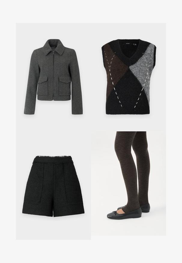 Chaqueta de lana gris oscuro con cremallera frontal, cuello ancho, mangas largas y dos grandes bolsillos con solapa en la cintura.; Chaleco de punto sin mangas y con escote en V que presenta un patchwork geométrico en negro, gris y marrón, con costuras de acento en blanco y un acabado texturizado.; Pantalones cortos negros de tela texturizada con un dobladillo deshilachado, que cuentan con dos bolsillos frontales y un ajuste entallado.; Piernas con leggings oscuros acanalados combinados con bailarinas negras que presentan pequeños detalles de lazo sobre un fondo blanco.