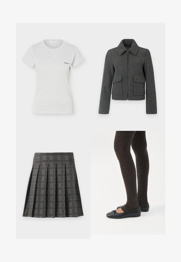 Chaqueta de lana gris oscuro con cremallera frontal, cuello ancho, mangas largas y dos grandes bolsillos con solapa en la cintura.; Camiseta de manga corta de color gris claro con tejido acanalado, cuello redondo y pequeño logo negro de "Pepe Jeans" en el lado izquierdo del pecho.; Falda plisada en un patrón de cuadros grises, hecha de una tela texturizada. Presenta pliegues verticales y un dobladillo recto.; Piernas con leggings oscuros acanalados combinados con bailarinas negras que presentan pequeños detalles de lazo sobre un fondo blanco.