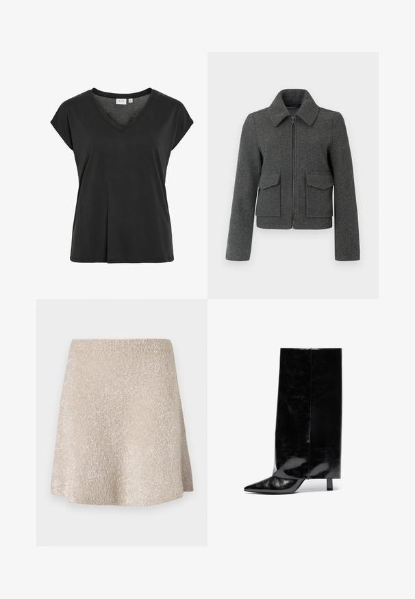 Veste en laine gris foncé avec fermeture éclair sur le devant, large col, manches longues et deux grandes poches à rabat à la taille.; T-shirt noir avec encolure en V et manches courtes, en matériau doux, présentant une coupe décontractée et un détail minimal de couture.; Jupe mini beige en tissu doux et texturé avec un léger éclat. Elle possède une taille élastique et une forme évasée.; Botte chelsea en cuir noir avec un bout pointu et un talon bloc, présentant un tige haute et brillante ainsi qu'une finition texturée sur la partie inférieure.