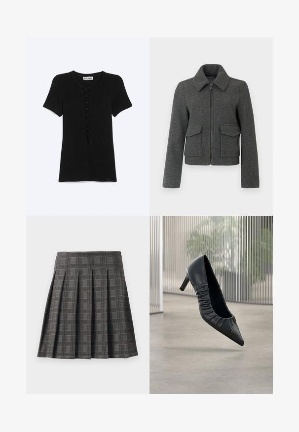 Veste en laine gris foncé avec fermeture éclair sur le devant, large col, manches longues et deux grandes poches à rabat à la taille.; Chemise noire à manches courtes avec col rond et fermeture boutonnée devant, étiquetée « Weekday », présentée sur un fond blanc uni.; Jupe plissée à motif écossais gris, fabriquée à partir d'un tissu texturé. Elle présente des plis verticaux et un ourlet droit.; Escarpin en cuir noir à talon haut avec bout pointu et texture froncée sur la tige. Finition lisse ; hauteur de talon modérée.