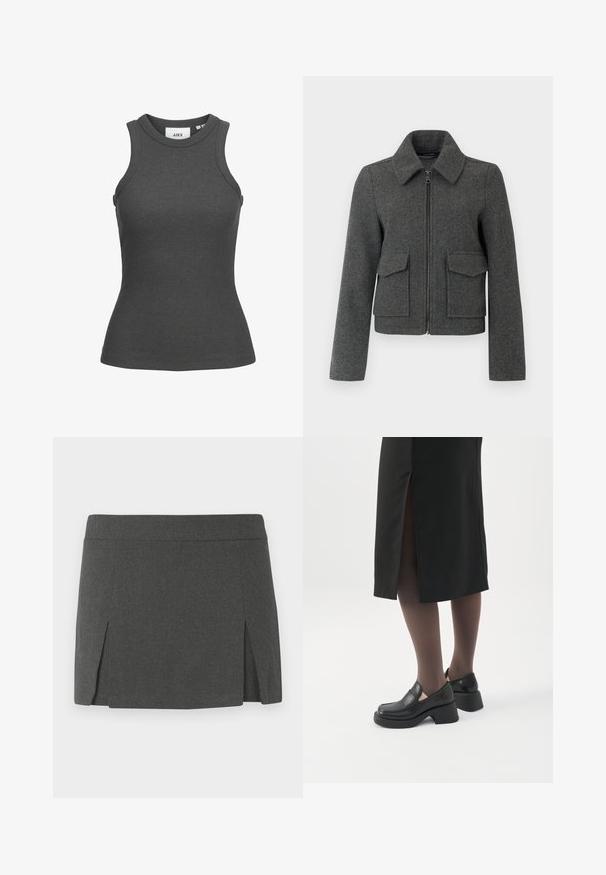 Chaqueta de lana gris oscuro con cremallera frontal, cuello ancho, mangas largas y dos grandes bolsillos con solapa en la cintura.; Camiseta sin mangas gris oscuro de punto acanalado con cuello redondo y silueta ajustada, talla pequeña.; Minifalda gris con una textura suave, que presenta una cinturilla plana y dos aberturas en los lados frontales para un detalle adicional. Diseño casual.; Mujer con mocasines negros de tacón grueso, medias negras transparentes y una falda negra con una abertura trasera sobre un fondo blanco.
