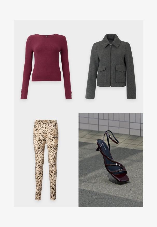 Mørkegrå uldjakke med lynlås foran, bred krave, lange ærmer og to store klaplommer ved taljen.; Burgundy langærmet ribstrikket sweater med rund halsudskæring og knapdetaljer på ærmerne. Fremstillet af et tekstureret strikmateriale.; Slangertrykte leggings i beige og sort med en tætsiddende pasform, der har en glat overflade og en strækbar talje for komfort.; Mørkerød højhælet sandal med stropper og spænder på asfaltbelægning og flisevæg i baggrunden.