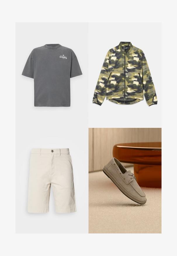 Camo-jack in tinten van groen en beige, met een ritssluiting aan de voorkant, hoge kraag en zijzakken met gaasdetail aan de zoom. Lichtgewicht stof.; Donkergrijs T-shirt met korte mouwen en ronde hals met klein wit "ALLSAINTS"-logo op de linker bovenborst.; Beige katoenen shorts met een rechte pasvorm, voorzien van een voorste knoop- en ritsluiting, zijzakken en gestikte zoom.; Lichtbruine suède bootschoen met veterdetailing en espadrille-achtige zool, rechtop geplaatst op een beige tapijt naast bruin rond meubelstuk.