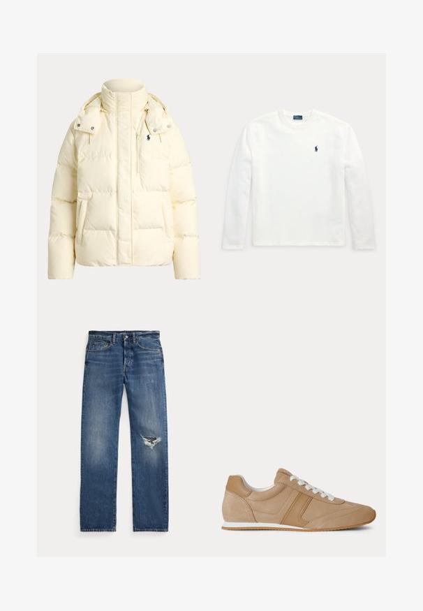 Creamfarbene, gepolsterte Winterjacke mit hohem Kragen, Kapuze, Frontreißverschlusstasche und Seitentaschen, mit kleinem gesticktem Logo auf der Brust.; Weißes Langarmshirt mit Rundhalsausschnitt und kleinem dunkelblauen bestickten Pferd-und-Reiter-Logo auf der linken Brust.; Blaue Jeans aus Denim mit mittelhohem Bund, fünf Taschen und einem fransigen Riss am rechten Knie.; Hellbrauner Veloursleder- und Ledersneaker in niedriger Ausführung mit weißen Schnürsenkeln und weißer Gummisohle, von der Seite auf weißem Hintergrund gezeigt.