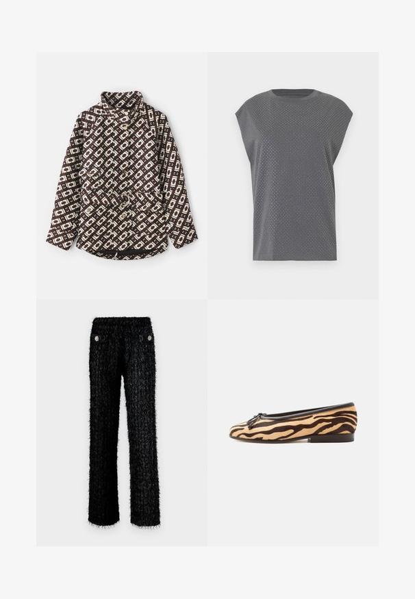 Mønstret jakke i brun og creme med et geometrisk design, høj krave, perle-lignende knapper, og en talje med bælte og metalring.; Grå t-shirt med korte ærmer og rund hals, med en priklet tekstur over det hele. Fremstillet af blødt stof med en afslappet pasform.; Sorte, fuzzy bukser med et tekstureret design, der har en høj talje og to frontlommer prydet med runde blomsterudsmykninger.; Flad balletsko med tigerstribet mønster, sort kant, lille sløjfe foran og lav stablet hæl på hvid baggrund.