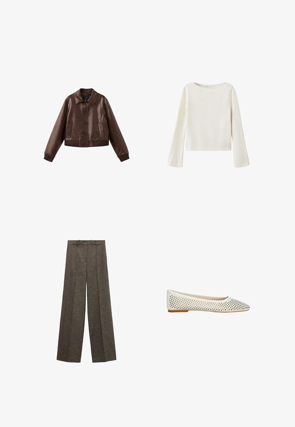 Bruine nep-lederen cropped jack met een geprofileerd krokodillenpatroon, knoopsluiting aan de voorkant, brede kraag, geribde manchetten en twee zakken aan de voorkant.; Off-white trui met lange mouwen, brede ronde halslijn en licht uitlopende mouwen, gemaakt van zachte gebreide stof.; Bruine wijde pijpen broek met plooien aan de voorkant, riemlussen en een gestructureerde stof.; Witte platte schoen met spitse neus en geperforeerd ruitpatroon, voorzien van een lage tankleurige zool.