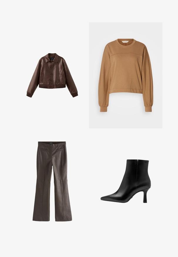 Brun kort jakke i kunstlæder med tekstureret krokodillemønster, knaplukning foran, bred krave, ribstrikkede manchetter og to forlommer.; Afskåret, langærmet sweatshirt i lysebrun. Lavet af blødt materiale med en rund halsudskæring og plisserede ærmekanter. Enkel søm detalje.; Brune faux læder flared bukser med en glat tekstur, frontlommer og syninger, der har en tætsiddende talje og flare benåbninger.; Sort læder ankelstøvle med spids tå, høj stilettohæl, glat tekstur og minimalistisk design. Inkluderer en lynlåslukning bagpå.