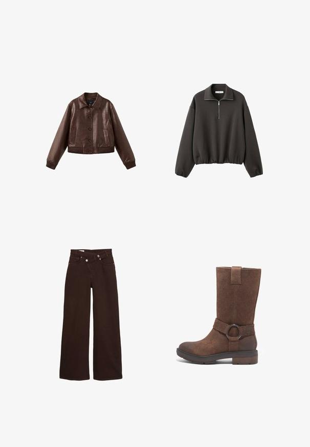 Bruine nep-lederen cropped jack met een geprofileerd krokodillenpatroon, knoopsluiting aan de voorkant, brede kraag, geribde manchetten en twee zakken aan de voorkant.; Donkergrijze pullover met hoge kraag, korte rits aan de voorkant en elastische zoom. Zachte stof met een ontspannen, losse pasvorm.; Bruine wijde jeans met hoge taille, rits aan de voorkant en knoopsluiting, met voor- en achterzakken.; Bruine suède hoge laars met een ronde neus, platte hak en een decoratieve band met een cirkelvormige metalen ringaccent.