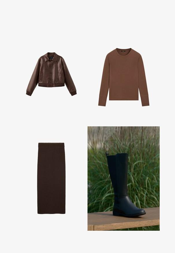 Veste courte en simili cuir marron avec motif texturé crocodile, fermeture avant à boutons, col large, poignets côtelés et deux poches avant.; T-shirt marron à manches longues avec col rond et poignets côtelés, présenté à plat sur fond blanc.; Jupe midi en tricot marron avec une coupe ajustée, texture lisse, sans motifs visibles, et un design simple et épuré sans embellissements.; Botte noire montant jusqu'au genou en cuir lisse avec un bout arrondi et une semelle plate. Présente un design simple avec une languette de tirage en haut.