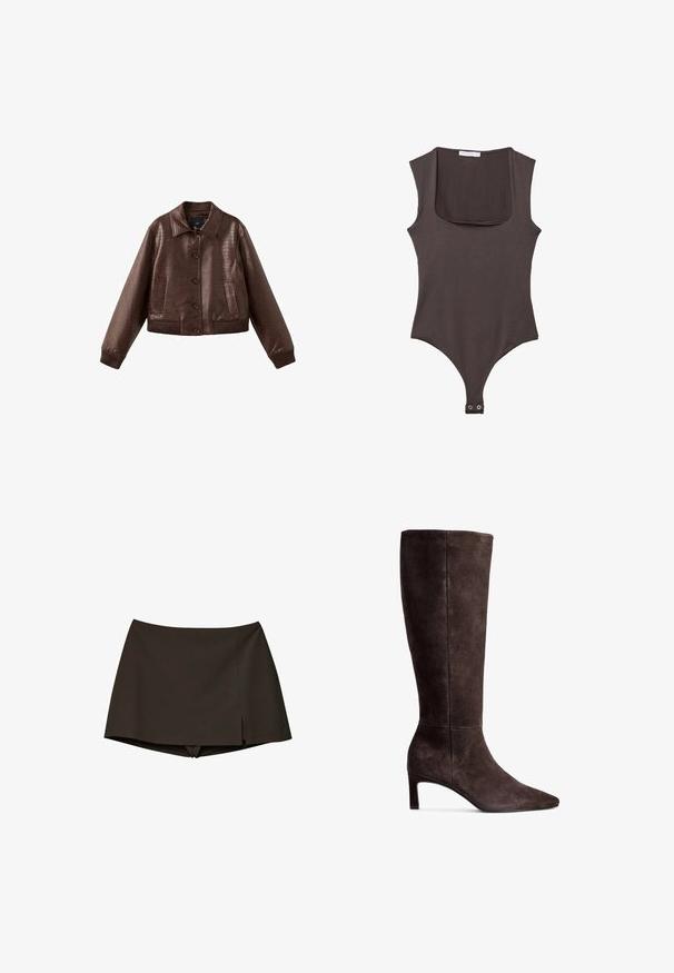 Brun kort jakke i kunstlæder med tekstureret krokodillemønster, knaplukning foran, bred krave, ribstrikkede manchetter og to forlommer.; Brun ærmeløs bodysuit med firkantet hals, lavet af blødt stof. Har en snap-lukning i bunden og en tætsiddende silhuet.; Sort, højhøjtaljet skort med en lille sidelomme, som kombinerer en nederdel foran med påsyede shorts nedenunder til aktivt brug eller afslappet brug.; Brune ruskinds knæhøje støvler med spids tå og 3-tommer hæl. Glat tekstur, slank silhuet og minimalistisk design.