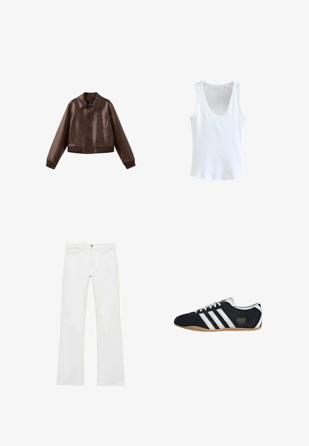 Braune Jacke aus Kunstleder in Kurzform mit strukturiertem Krokodilmuster, Knopfleiste vorne, großem Kragen, gerippten Bündchen und zwei Vordertaschen.; Weißes ärmelloses Tanktop mit Rundhalsausschnitt und figurbetontem Schnitt, dargestellt auf einem schlichten weißen Hintergrund.; Weiße, ausgestellte Jeans aus einem glatten Baumwollstoff, mit fünf Taschen, einem Metallknopfverschluss und Gürtelschlaufen. Die Beine haben ein leichtes Verfeinerungsdetail.; Schwarze Wildledersneaker mit drei weißen Streifen, goldenem Logo und brauner Gummisohle. Merkmale ein niedrigprofiliertes Schnürdesign.