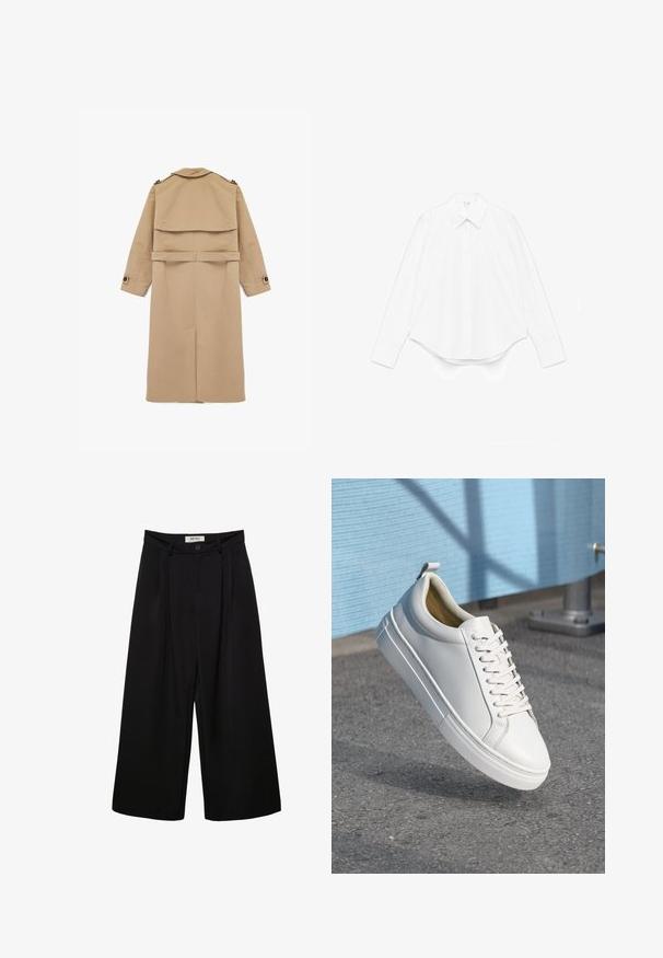 Manteau trench beige en tissu lisse, présentant un design à double boutonnage, un rabat à l'arrière, et une taille ceinturée avec des accents de boutons sur les manches.; Chemise blanche à manches longues en coton, avec un col pointu, une fermeture à boutons sur le devant et un ourlet arrondi avec des poignets larges.; Pantalon noir à jambes larges avec taille haute, présentant des plis à l'avant, deux poches latérales et une fermeture par bouton. Texture de tissu lisse.; Baskets blanches en cuir avec des lacets plats, bout rond, semelle en caoutchouc et une petite languette au talon. Texture lisse avec des détails de design minimalistes.