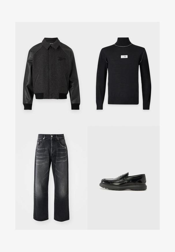 Veste bomber boutonnée gris foncé avec manches en cuir noir, poignets côtelés et petit logo brodé sur le côté gauche de la poitrine.; Pull noir à col roulé manches longues avec des coutures blanches sur les épaules et un petit patch logo rectangulaire blanc sur la poitrine.; Jean noir à jambe droite avec des plis décolorés sur les cuisses, bouton avant, braguette zippée et design à cinq poches.; Mocassin en cuir noir avec une finition brillante, bout arrondi, détails de couture subtils et semelle en caoutchouc épaisse pour la durabilité.