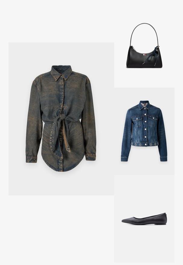 Chaqueta de mezclilla en azul oscuro con corte slim, cierre de botones, dos bolsillos en el pecho y embellecimientos de rhinestones en forma de estrella en el dobladillo.; Camisa de mezclilla de color azul oscuro con un acabado ligeramente desvanecido. Presenta un cuello puntiagudo, cierre de botones y un detalle anudado en la cintura.; Zapato plano de cuero negro con punta puntiaguda y tacón bajo, mostrado de perfil contra un fondo blanco.; Bolso de cuero negro con una sola correa, cremallera plateada, cuerda azul atada en un lazo y un pequeño logo rectangular en el frente.