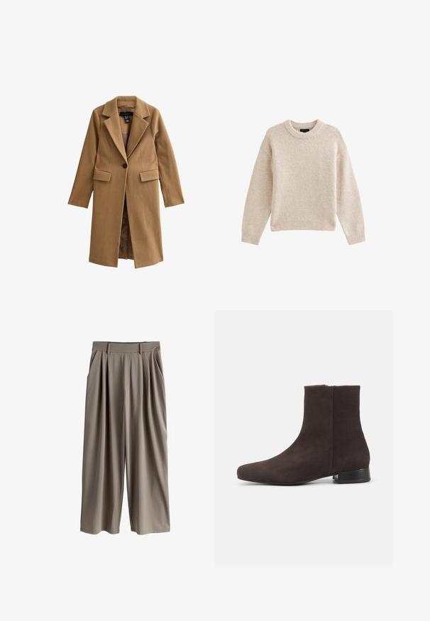 Brun uld-blandet frakke med notch krave, enkelt knaplukning og to forlommer. Glat tekstur og mellemlang design.; Beige strikket sweater med rund hals, lange ærmer og ribbet kant. Tekstureret stof med en blød udseende. Enkel og alsidig design.; Beige bukser med vide ben, læg, bæltestropper og sidelommer, designet til en afslappet pasform.; Mørkebrun ruskind ankelstøvle med lav blokhæl og sidelås, slank rundet tå, på ensartet lys baggrund.