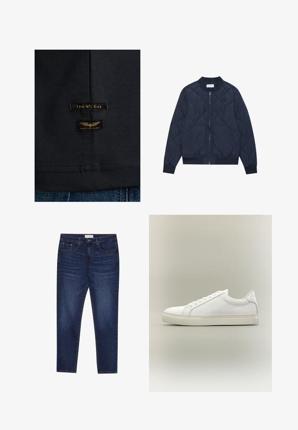 Veste bomber matelassée marine avec une fermeture éclair à l'avant, des poignets côtelés, des poches latérales et un patch logo circulaire sur la poitrine. Fabriquée en matériau léger.; T-shirt en coton noir avec une texture lisse. Il comporte deux étiquettes : "TYPE NO: C-46" et "CLASSIQUE AMÉRICAIN" en jaune sur un tissu sombre.; Jean slim-fit bleu foncé avec cinq poches, fermeture à bouton et couture contrastante, étiqueté Pier One à la taille.; Baskets blanches basses à lacets sur l’avant et semelle épaisse, vues de côté sur un fond neutre.