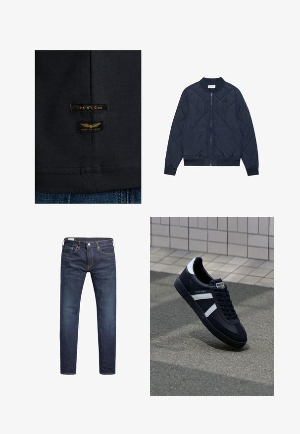 Marineblaues wattiertes Bomberjacke mit einem Reißverschluss an der Vorderseite, gerippten Bündchen, Seitentaschen und einem runden Logo-Patch auf der Brust. Hergestellt aus leichtem Material.; Schwarzes Baumwoll-T-Shirt mit glatter Textur. Verfügt über zwei Etiketten: "TYPE NO: C-46" und "AMERICAN CLASSIC" in Gelb auf dunklem Stoff.; Dunkelblaue Slim-Fit-Jeans mit vorderem Knopf- und Reißverschluss, fünf Taschen und gelben Nähdetails.; Schwarze Leder-Sneaker mit weißen Streifen, strukturiertem Gummisohle und Schnürung. Verfügt über ein Markenetikett auf der Zunge.