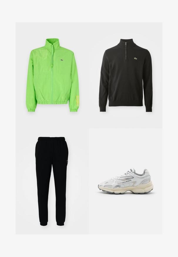 Grøn vindjakke med høj krave, lynlåslukning foran, elastiske manchetter og nederste kant. Har et lille logo og en labeldetalje på ærmet.; Sort pullover sweather med høj krave, med en halvlange lynlås og ribkantede ærmer. Inkluderer et lille grønt logo på brystet. Blød tekstur.; Sorte sweatpants med elastisk talje og manchetter. Fremstillet af blødt stof med et lille logo på den øverste venstre side.; Hvide sportssko med grå detaljer, overdel i mesh og syntetiske materialer, snørebåndsdesign og tekstureret gummisål med grebemønstre.
